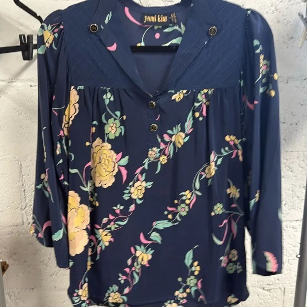 Yumi Kim Silk Long Sleeve Navy Top - Button Detail on Collar  w Floral Pattern